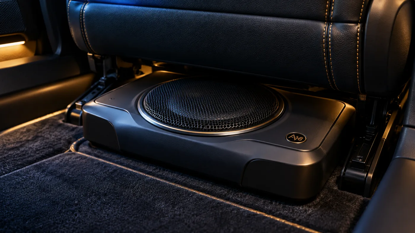 AW8 slim subwoofer installed beneath a car seat